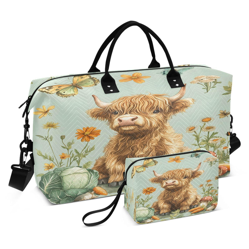 Cow Travel Gym Bag, Highland Cow Vegetables Weekender Overnight Duffle for Women with Toiletry Bag Travel Swim Cow 46