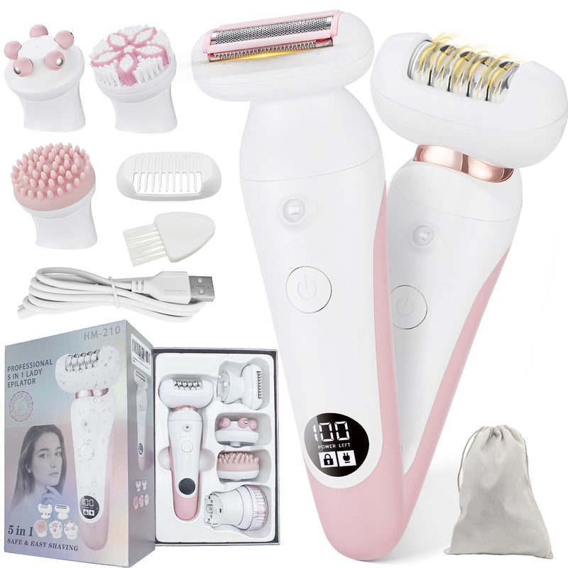 [Australia] - 5 in 1 Electric Shaver for Women,Epilators Hair Removal for Women's Body, Electric Razor for Women Legs Public Area Bikini Trimmer, Face Scrubber, Facial Cleaning Brush Dry Wet Gift Set (Pink) 