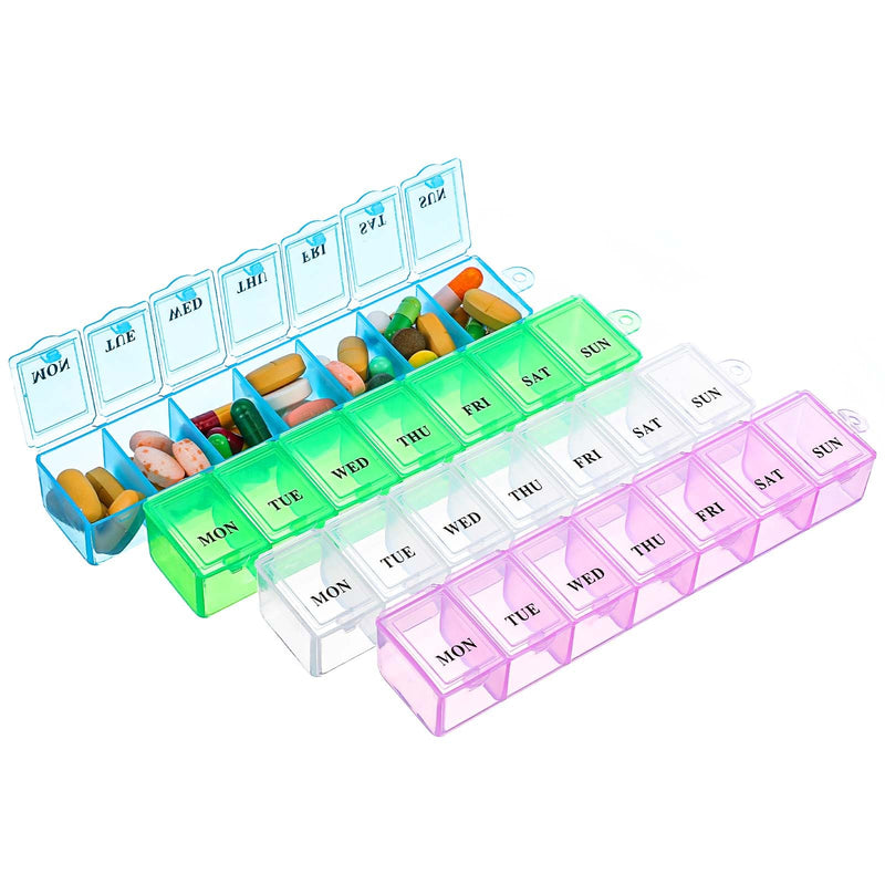 WLLHYF 4 Pack, Weekly Pill Organizer, Portable Pill Box, 7 Day Pill Cases | Travel Medicine Organizer, for Vitamins, Supplements, and Medications