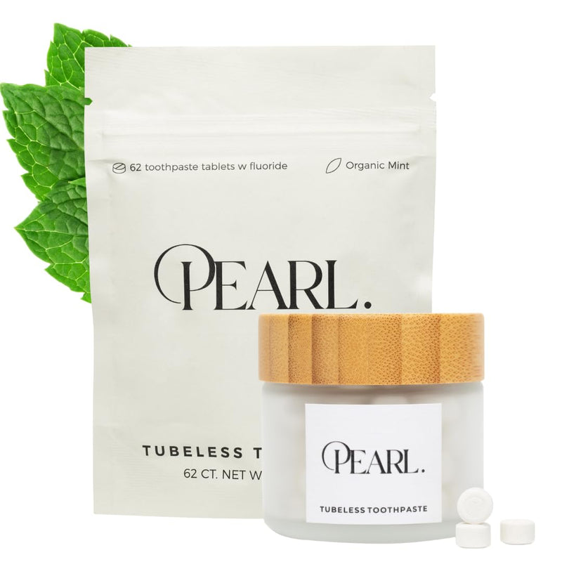 Starter Kit: The Pearl Jar & Fluoride Mint Toothpaste Tablets | Dentist Developed | Natural Whitening | TSA Approved | Reusable Packaging (Jar + 62 Tablets) 1 Count (Pack of 63)