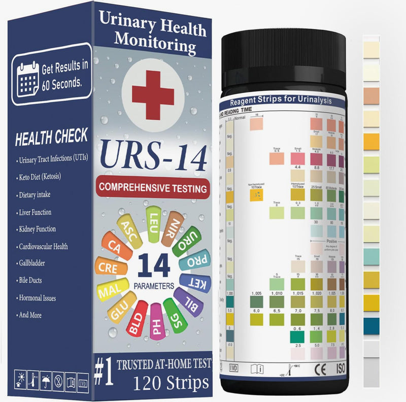 [Australia] - URS Urine Reagent Test Strip for 14 Parameters Urinalysis - Self Testing at Home in 60 Seconds for Men and Women PH, SG, Prot, KET, BLO, BIL, CRE, Kidney, Liver, UTI, Keto Diet, Ketosis, and +7 More 