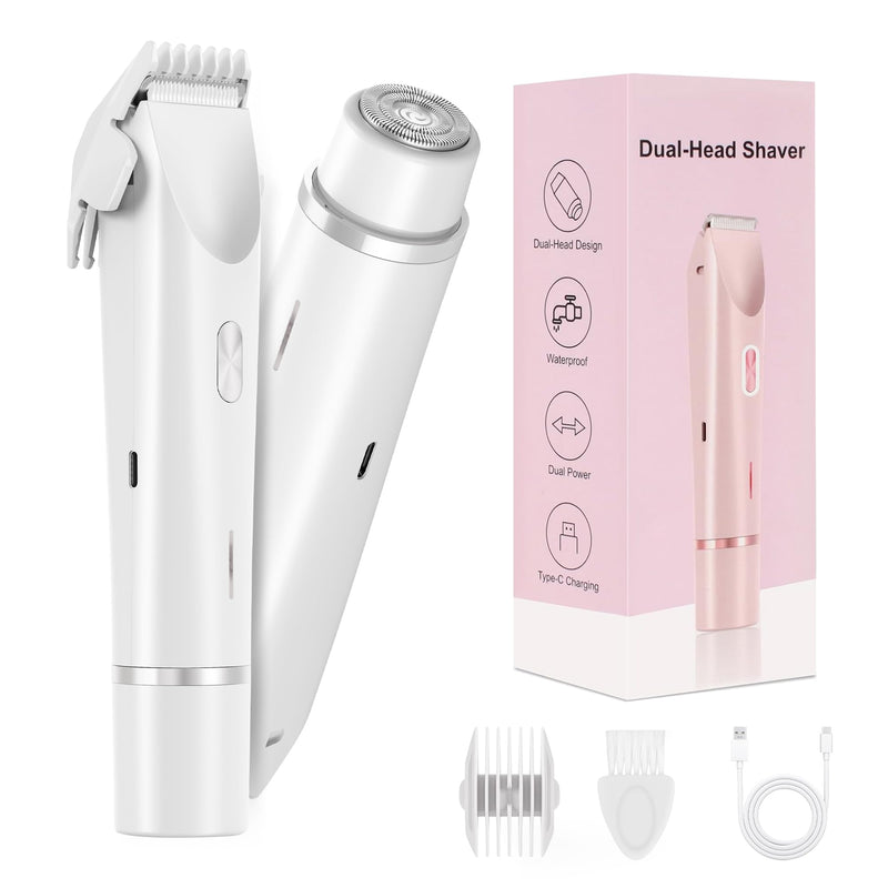 [Australia] - Bikini Trimmer for Women-2 in 1 Dual Head Electric Razors,IPX7 Waterproof Bikini Electric Shaver,Dry & Wet Use Painless Bikini Shaver,Pubic Hair Trimmer for Private Area & Body Hair,White White 
