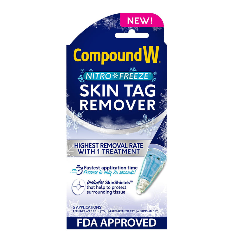 [Australia] - Compound W Nitrofreeze Skin Tag Remover, Skin Tag Removal Kit with 1 Skin Tag Remover Pen, 4 Replacement Tips, and 6 SkinShields, 5 Treatments 
