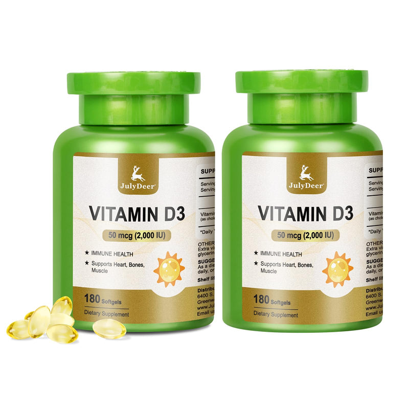 JulyDeer Vitamin D3 2000 IU (50 mcg) 360 Softgels | Supports Immune, Calcium Absorption & Bone Strength | Essential for Healthy Bones, No-Gluten, VD Daily Supplements Health 360 Count (Pack of 2)