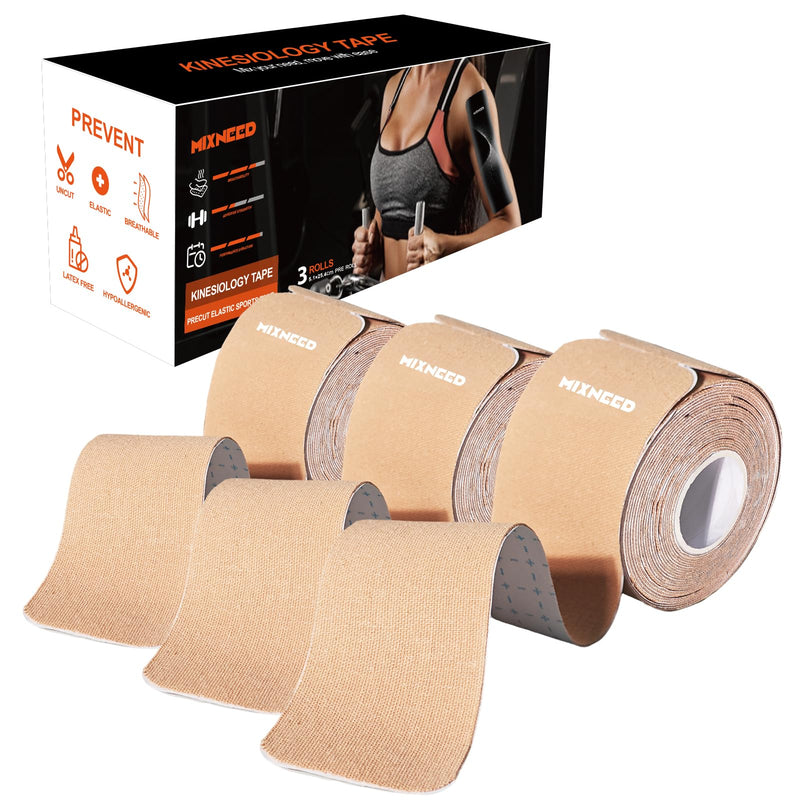 Precut Kinesiology Tape - 60 Strips (3 Rolls) | Waterproof Kinesiology Tape for Muscle & Joint Support, Athletic Knees, Shoulders, Back Pain Relief | Sport Tape for Weightlifting, Running 3 ROLL Beige