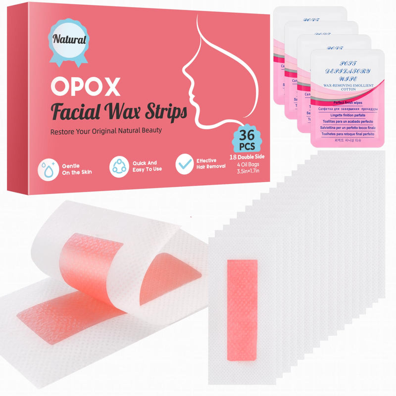 [Australia] - 36PCS Facial Wax Strips for Hair Removal, Facial Hair Removal for Women, Waxing Kit for Women's Face, Bikini, Chest, Body, Arms, Legs, Back, & Brazilian | 36ct Waxing Strips & 4 calming Oil Wipes Rose 36 Count (Pack of 1) 
