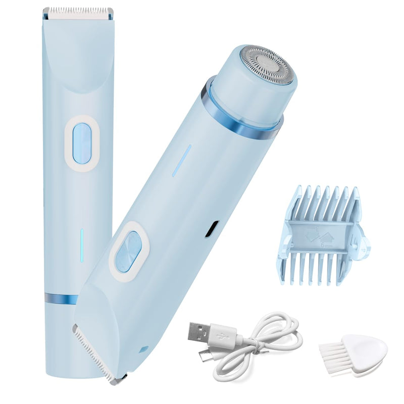[Australia] - Dual Head Bikini Trimmer for Women -2-in-1 Electric Razors with Painless Ceramic Blades,IPX7 Waterproof,USB-C Rechargeable Electric Shaver for Pubic,Underarm & Body Blue 
