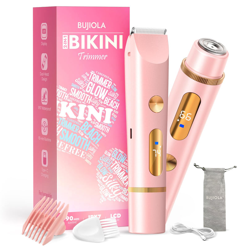 [Australia] - 2025 Upgraded Bikini Trimmer for Women, Dual-Head Shaver with LCD Display, Ceramic-Blade Pubic Hair Trimmer, IPX7 Waterproof Wet & Dry Shower Shaver, Travel-Ready Gift Pouch (Light Pink) Light Pink 