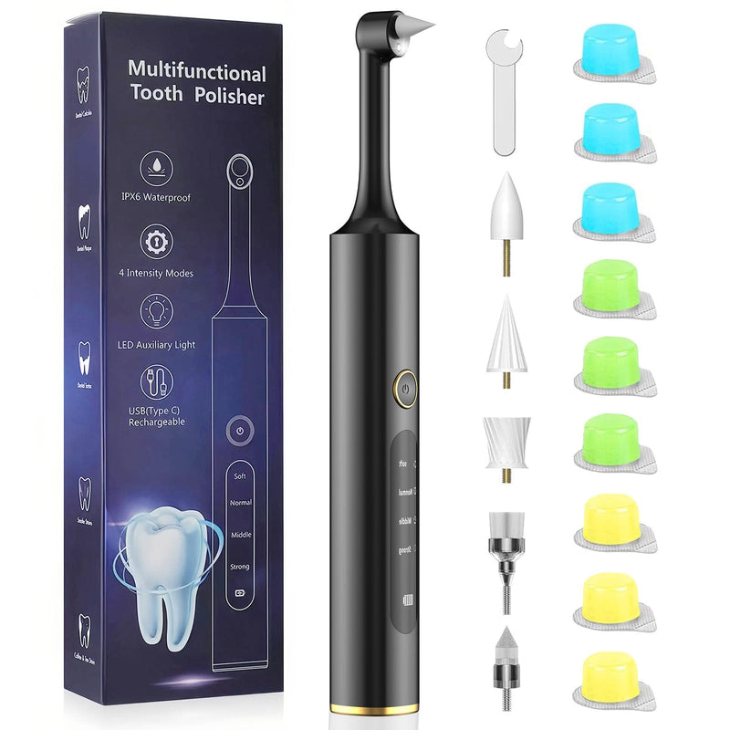 [Australia] - Rechargeable Tooth Polisher with 5 Brush Heads 9 Polish Pastes 4 Speed Modes IPX6 Teeth Cleaning Kit LED Light Dental Cleaning Kit for Home Use Polishing and Whitening of Tooth 