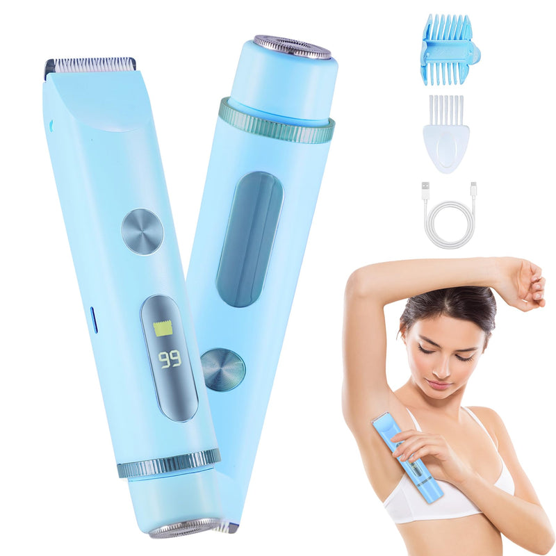 [Australia] - Bikini Trimmer for Women with LCD, Cordless& Painless& Waterproof Dual Head Shaver for Women Private Area& Face& Body, 2-in-1 Electric Razors, Bikini Shaver, Hair Trimmer Travel Grooming Kit Blue 