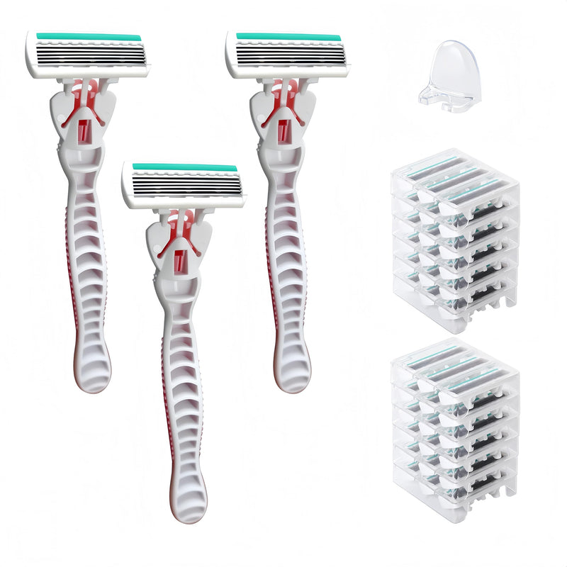 [Australia] - 40 Pcs Disposable Women Razors, Include 3 Non Slip Handles and 36 Refill Blades and 1 Dedicated hook, 6-Blade Travel Essentials Sensitive Skin Shaving Razor Set (pink) pink 