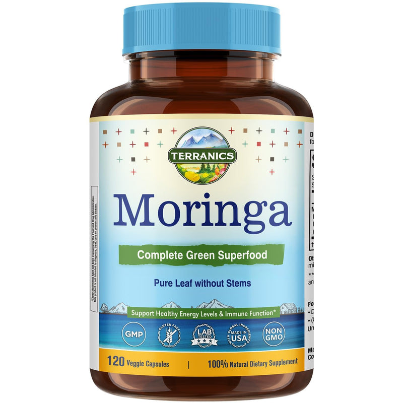 Terranics Moringa Capsules, Pure Moringa Oleifera Leaf Powder, Energy, Skin, Immune Health, Non GMO, No Gluten, Natural Green Superfood Supplement, 120 Vegan Caps 120 Count (Pack of 1)