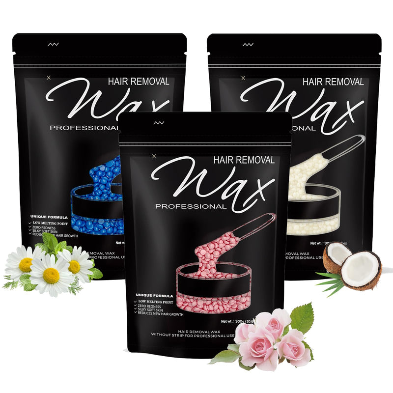 [Australia] - Wax Beads 3 Packs (300g/Each),Hard Wax Beads with 3 Go-To Scents - Wax Beads for Hair Removal and Sensitive Skin,Waxing Beans for Brazilian Bikini,Face,Body,Legs,Armpit Rose/Chamomile/Coconut 32 Ounce (Pack of 1) 