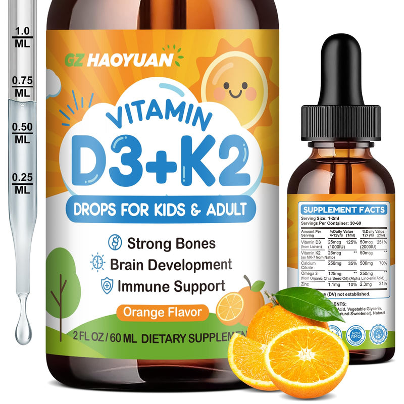 Vitamin D3 K2 Drops for Kids Liquid Supplement with Calcium, Omega 3, Zinc, Vitamin D3 K2 for Calcium Absorption Healthy Bones, Brain Development & Immune System, Non-GMO, Vegan, Orange Flavor 2 Fl Oz 2 Fl Oz (Pack of 1)