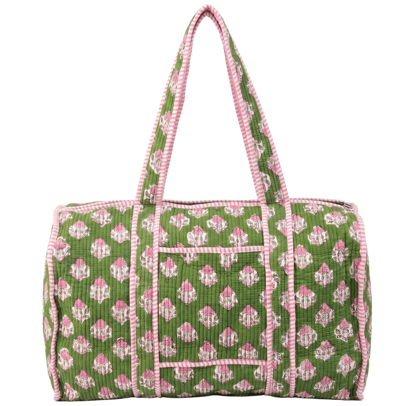 Large Duffle Bag, Handblock Print 100% Quilted Cotton for Overnight Trip, Travel Weekender, Luggage, 2 Pockets with Zipper, 1 Front Pocket, Detachable Long Strap, 20 X 10 X 12 Inches, Moss Pink