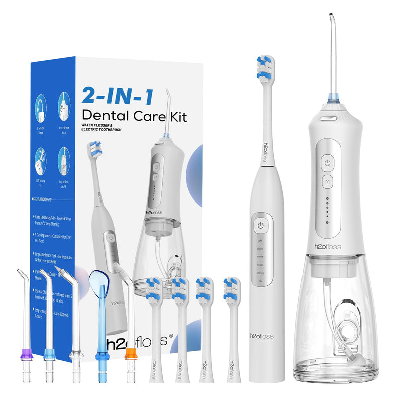 [Australia] - H2ofloss Sonic Electric Toothbrush and Water Flosser Combo, Rechargeable 2000mAh Toothbrush and 2500mAh Oral Irrigator with 300ml Tank, 4 Brush Heads, 5 Nozzles, 2 in 1 for Home and Travel (White) White 