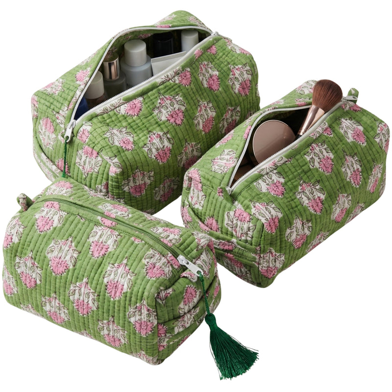 ATOSII Set of 3 100% Cotton Handblock Print Quilted Toiletry Cosmetic Makeup Travel Bag for Women, Waterproof Inner Lining, Jewelry Essentials Storage Case, Toiletries Pouch Purse, Moss Pink
