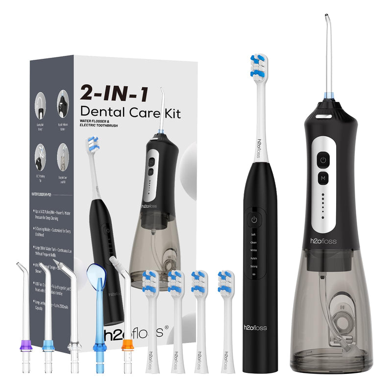 [Australia] - H2ofloss Sonic Electric Toothbrush and Water Flosser Combo, Rechargeable 2000mAh Toothbrush and 2500mAh Oral Irrigator with 300ml Tank, 4 Brush Heads, 5 Nozzles, 2 in 1 for Home and Travel (Black) Black 