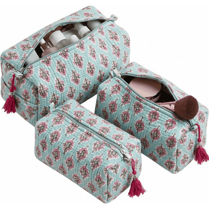 ATOSII Set of 3 100% Cotton Handblock Print Quilted Toiletry Cosmetic Makeup Travel Bag for Women, Waterproof Inner Lining, Jewelry Essentials Storage Case, Toiletries Pouch Purse, Blubell Bluebell