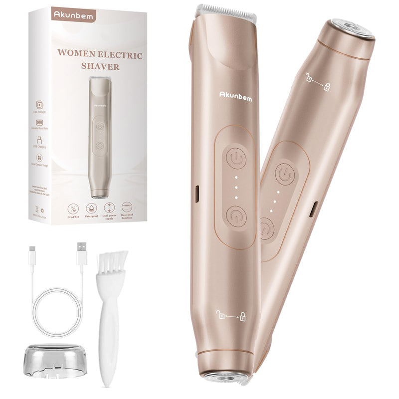 [Australia] - Women Electric Shaver Dual Head Bikini Trimmer for Women IPX7 Waterproof Wet & Dry Use Body Hair Trimmer and Facial Hair Remover for Bikini Underarm Leg Arm Body Face (Gold) Gold 
