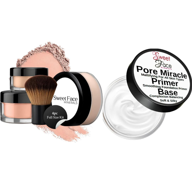 [Australia] - 4pc Full Size Kit (Light Tan) Mineral Makeup Matte Translucent Loose Foundation + Kabuki Brush + Concealer + Finishing Setting Powder + Bare Face Full Coverage SPF 30 with Gel Face Primer 3Oz SPF 30 
