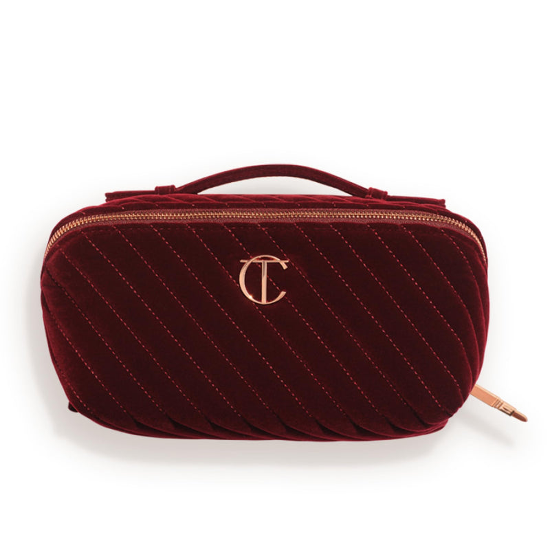 Charlotte Tilbury Travel Makeup Bag of My Dreams - Quilted Velvet Skincare, Fragrance & Cosmetic Organizer with 5 Compartments, Zip Pocket & Top Handle - Iconic Night Crimson Toiletry Bag Large