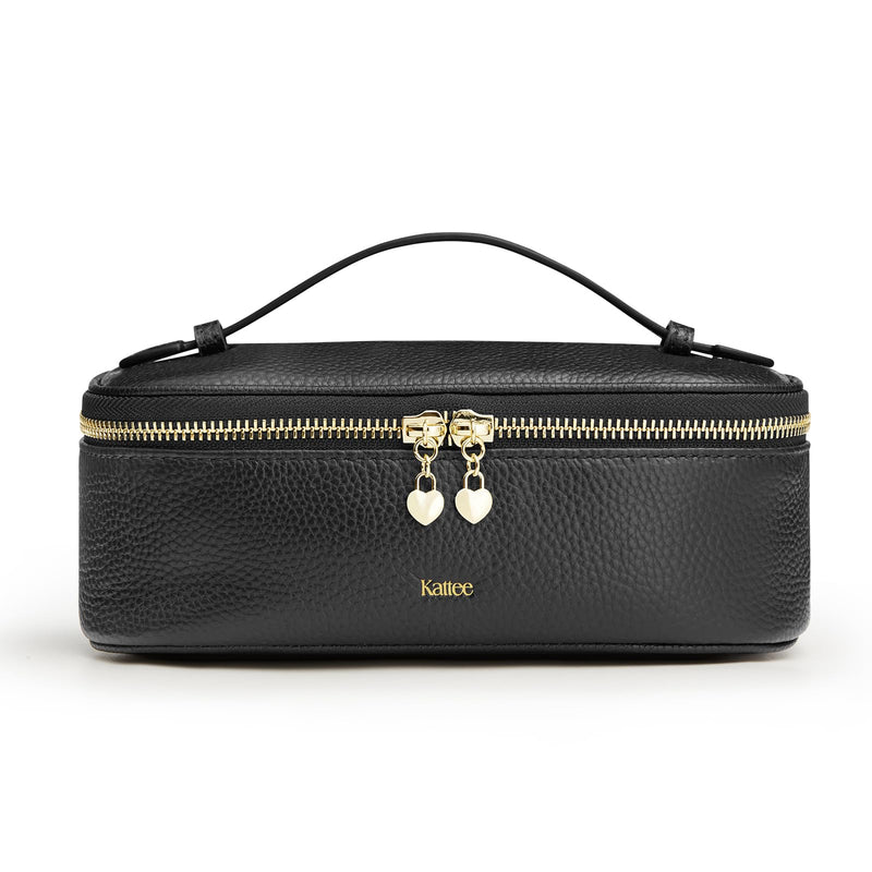 Kattee Makeup Bag for Women, Leather Cosmetic Bag, Working Makeup Bags for Ladies with Handles, Portable Travel Toiletry Bag,Black Black