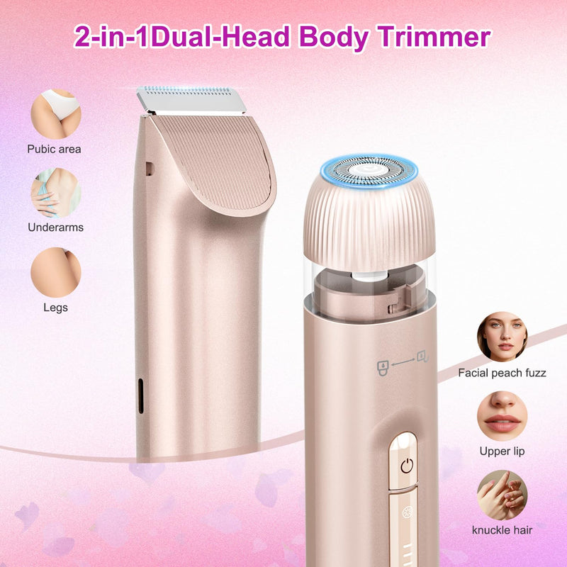 [Australia] - Bikini Trimmer for Women 2-in-1, Dual-Head Electric Razors for Women, IPX7 Waterproof Pubic Hair Trimmer, Facial & Body Electric Shaver, USB Rechargeable, LED Display, Rose Gold 