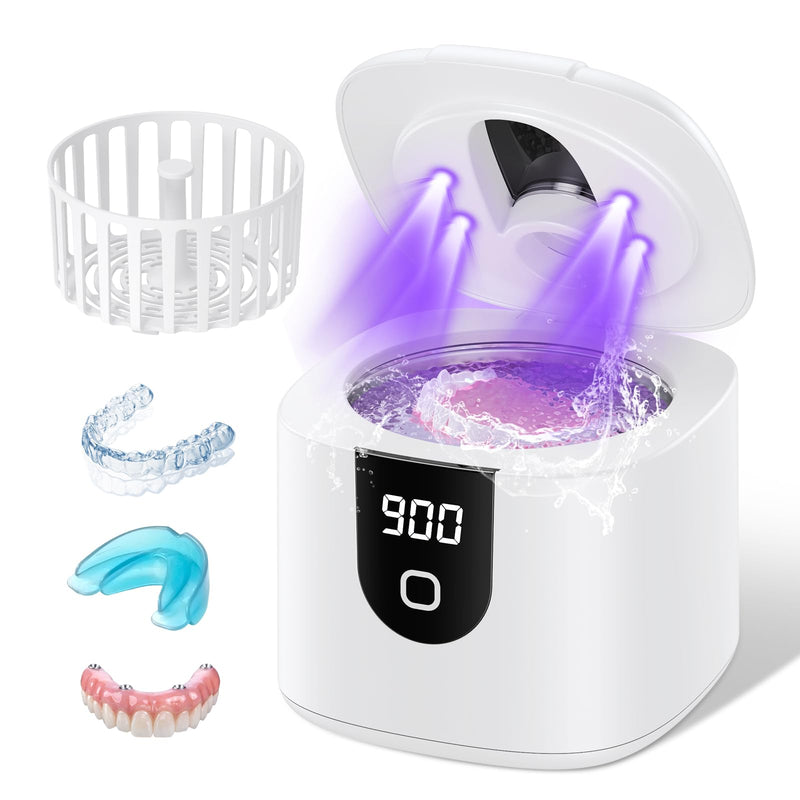 [Australia] - 45kHz Ultrasonic Retainer Denture Cleaner Machine, Fast Cleaning for Aligners, Mouth Guards, Braces, Toothbrush Heads & Jewelry, 200ML Dental Cleaning Pod, 4 Modes & Digital Timer (White) White 