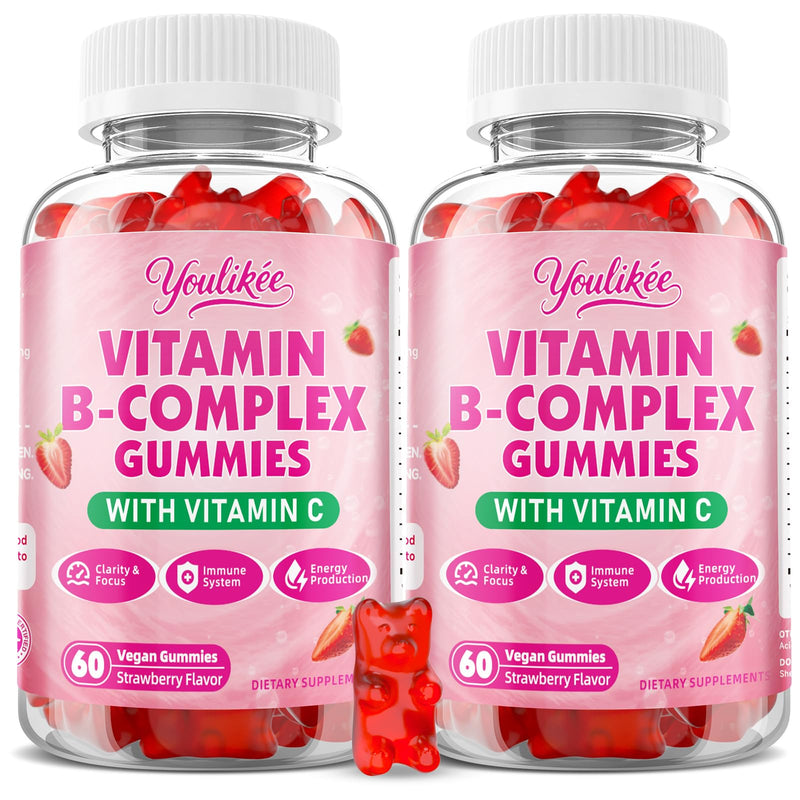 2 Pack Vitamin B-Complex Gummies for Women & Men, 120 Ct | Methyl B12, B1, B2, B3, B5, B6, B7 & B9 - Vitamin B Complex with Vitamin C for Energy & Immune Support, Strawberry Flavor 60 Count (Pack of 2)