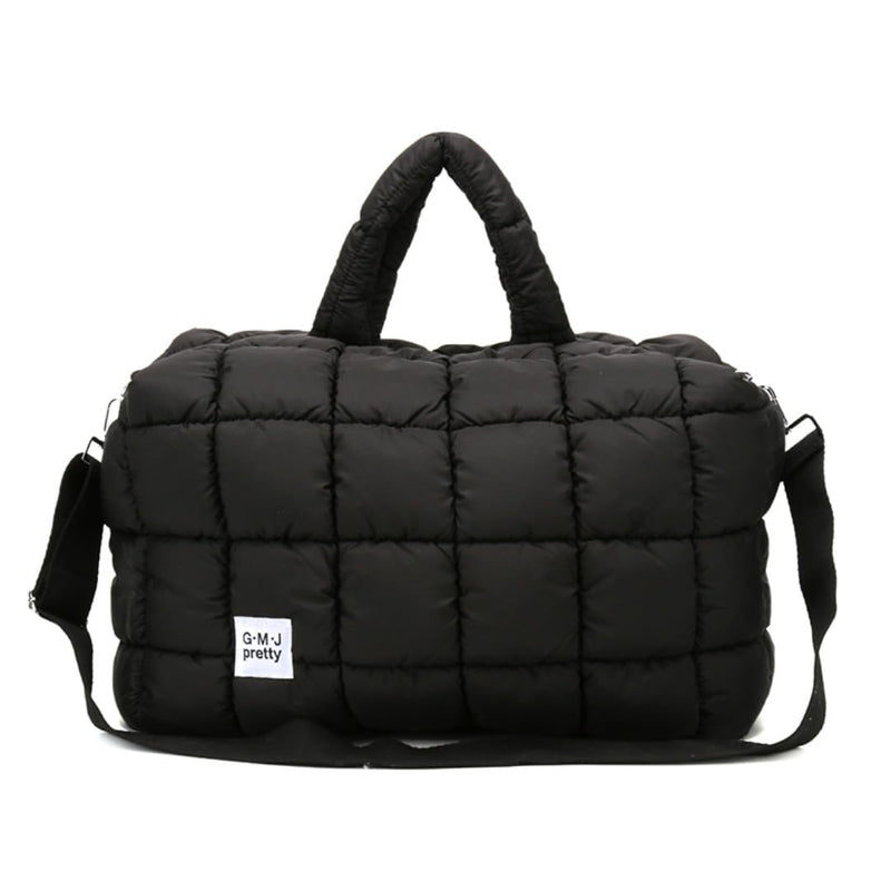 Puffer Tote Bag Quilted Duffle Bag for Women Puffy Crossbody Overnight Shoulder Handbag Large Weekender Bags Gym Travel Black