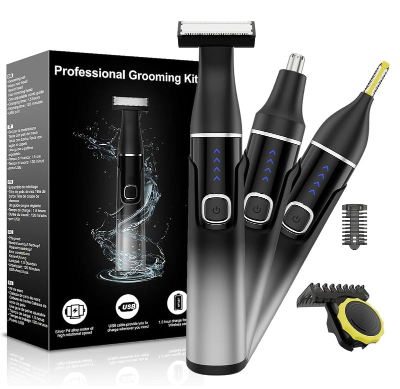 [Australia] - RUIM Nose Hair Trimmer for Men, 3-in-1 Painless Eyebrow & Body Groomer, Waterproof Electric Razor for Ear, Beard Stubble and Sensitive Areas, 360° Rotation, USB-C 