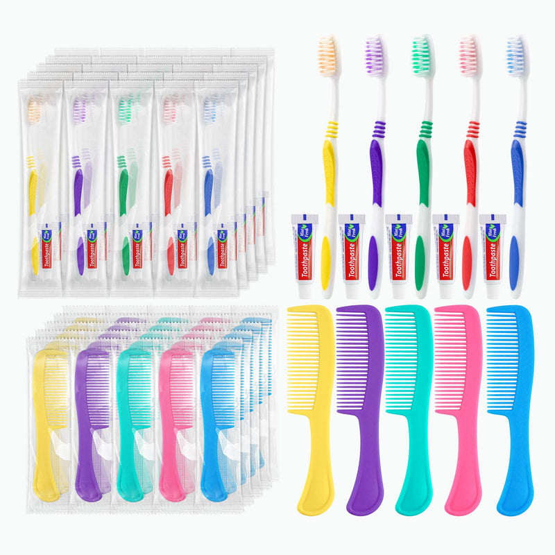 [Australia] - Disposable Toothbrushes with Toothpaste and Comb in Bulk, Individually Wrapped Soft Bristle Travel Size Basic Hygiene Kits, for Travel Hotel Camping Charity Homeless Shelter Donation in 5 colors (25) 25 