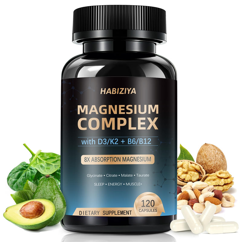 Magnesium Complex Supplement 600mg with with D3 K2 MK7 & B Vitamins High Absorption Capsules with Glycinate, Citrate & Malate,Taurate Relaxation,Muscle,Heart Support, Vegan 120 Capsules 120 Count (Pack of 1)