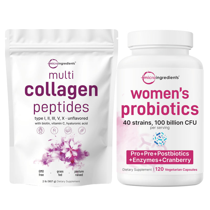 Micro Ingredients 8-in-1 Multi Collagen Powder & Women’s Probiotics 100 Billion CFU Veggie Capsules | 2 Pack | Hydrolyzed Peptides + Hyaluronic Acid & Vitamin C | 40 Strains + Cranberry & D-Mannose