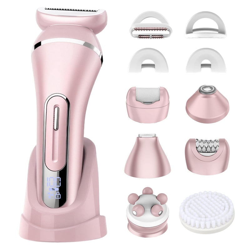 [Australia] - Electric Shavers for Women, 7 in 1 Hair Removal Kit with Epilator Bikini Trimmer Face Razor Body Brush Face Massager Foot Callus Remover, IPX7 Waterproof Lady Razors Set for Legs Armpit Bikini Pubic Pink 