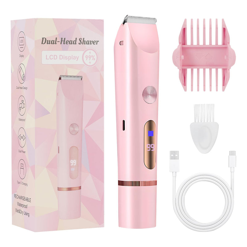 [Australia] - Bikini Trimmer for Women, 2-in-1 Women Electric Shaver, Type-C Rechargeable Pubic Hair Shaver Wet & Dry Waterproof, Dual Head Body Hair Remover for Sensitive Skin 