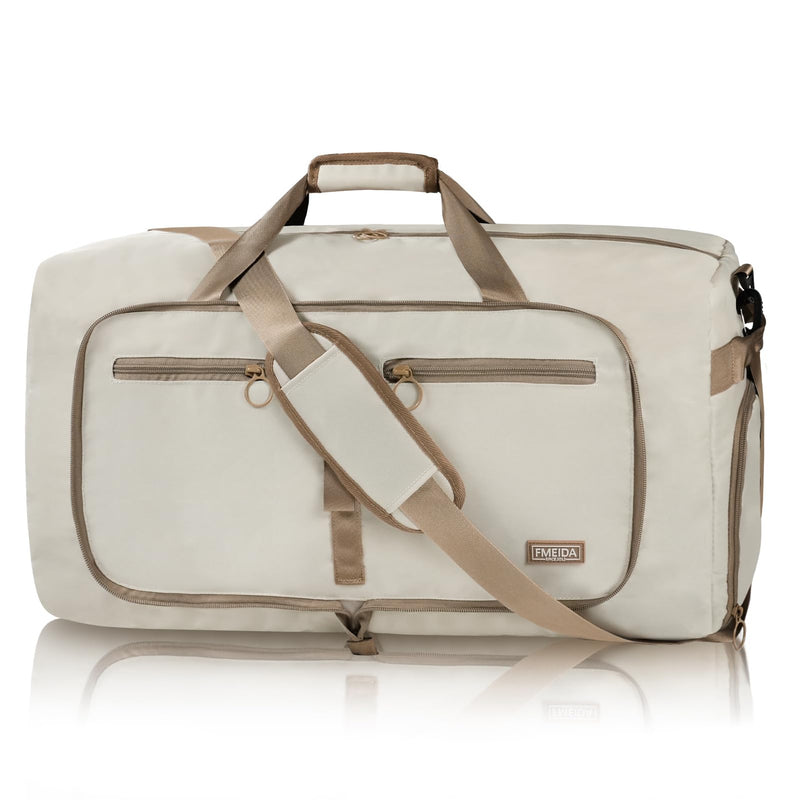 65L Duffle Bag Foldable Travel Duffel Bags for Men Women Travel Bag | Shoes Compartment, 65L Large Capacity, Foldable, Packable, Water Repellent, Tear Resistant, for Traveling Gym Overnight Camp Glossy Beige