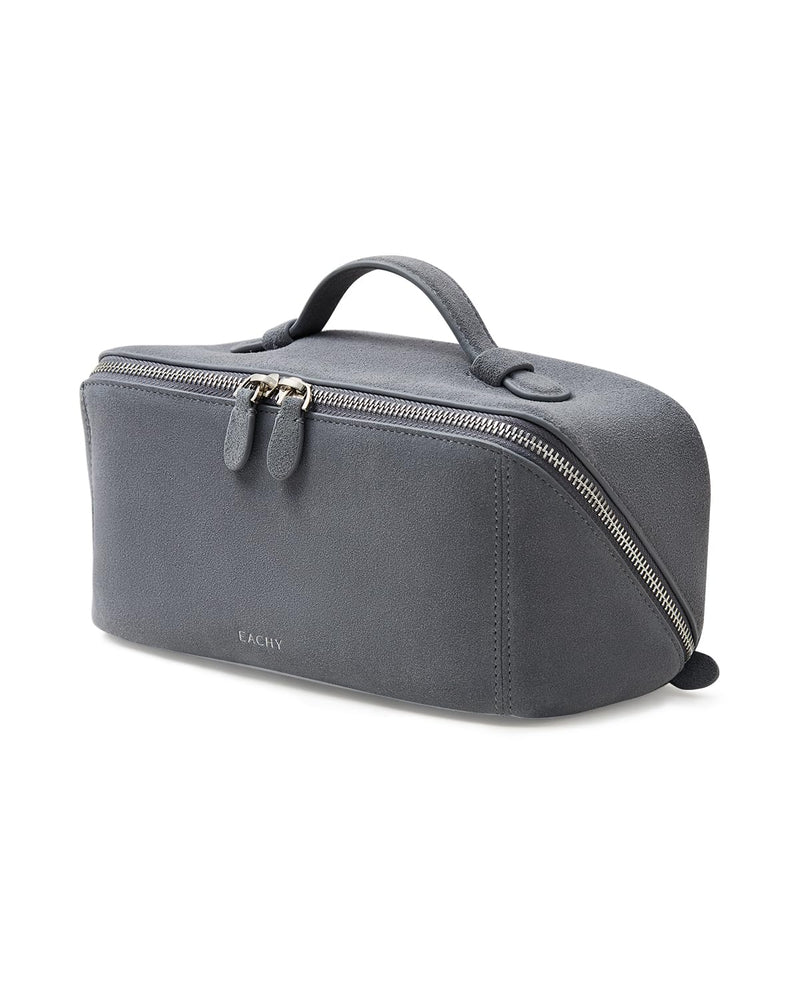 EACHY Leather Makeup Bag, Portable 180° Wide-Open Flat Cosmetic Bag for Women, Large Capacity Make Up Organizer Makeup Pouch with Divider and Handle B-Blue Medium