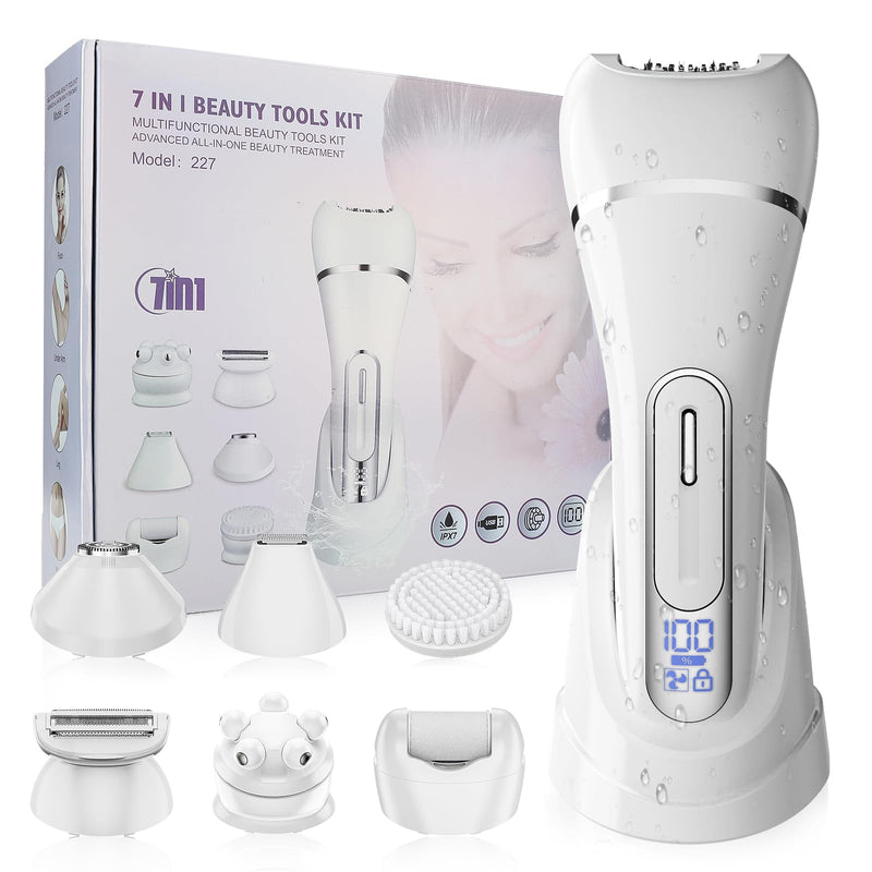 [Australia] - Epilator for Women, 7 in 1 Epilator Hair Removal for Women, Shaver, Bikini, Face Razor, Facial Brush, Face Massage and Body Exfoliator, Waterproof Painless Lady Shaver (White 227) 