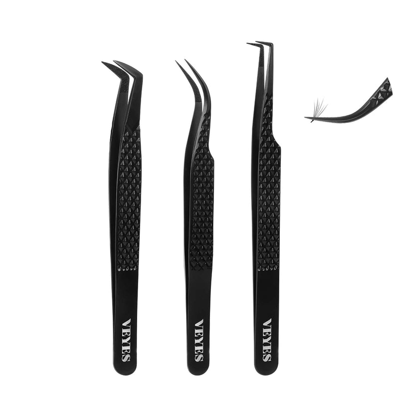 VEYES INC Lash Tweezers for Eyelash Extensions,Fiber Tip Tweezers Kit for Individual Classic and Volume Lash,3PCS Stainless Steel Lash Tweezers-Black Noir KIT