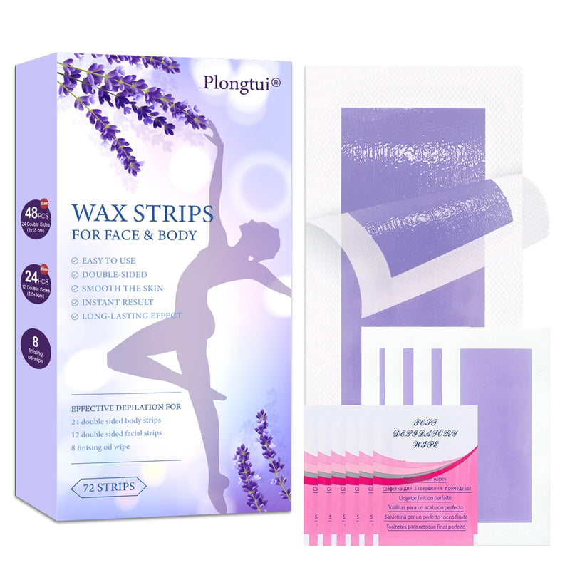 [Australia] - 72PCS Wax Strips for Hair Removal, 48 Body & 24 Face Wax Strips with 8 calming Oil Wipes, At Home Waxing Kit for Women & Men - Body, Arms, Legs, Back, Bikini & Brazilian, Hypoallergenic All Skin Types 1 Count (Pack of 72) 