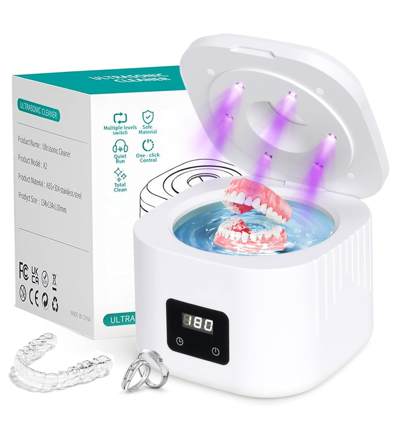 [Australia] - Retainer Ultrasonic Denture Cleaner Machine, 49kHz Dental Night Guard Cleaning Tablets Ultra Sonic Dental Tools for Aligner, Braces, Toothbrush Head & Jewelry with Digital Timer & 3 Mode White 