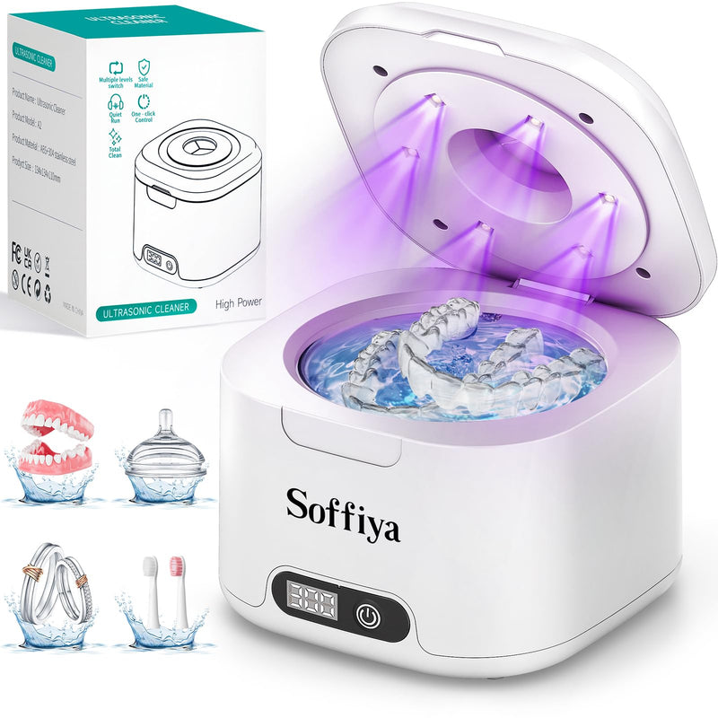 [Australia] - Dental Ultrasonic Retainer Cleaner Machine: Soffiya 49kHz Denture Cleaner with 350ML for Cleaning Dentures, Mouth Guards, Aligner, Braces, Toothbrush Head & Jewelry - UV Cleaner with 4 Digital Timers 
