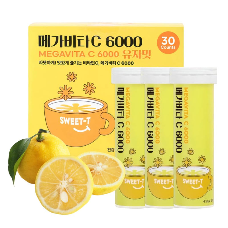 Korean Food Everteen MegaVita C3000 Effervescent Drink, Citrus, 10Tabs x3PK | Citrus-flavored effervescent beverage tablets with 3 packs of 10 tablets each Yuzu (30 Counts)