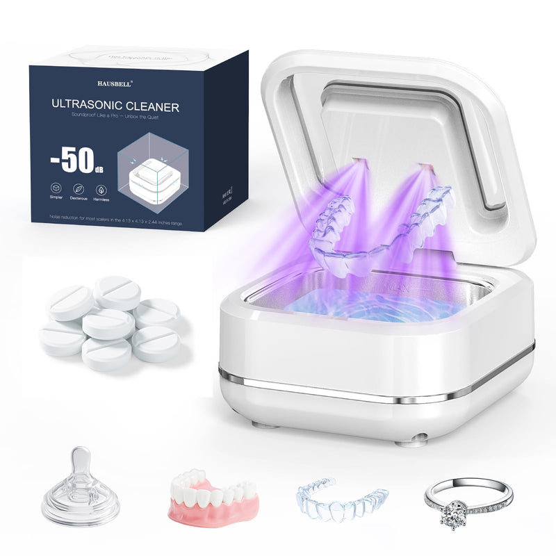 HAUSBELL Dental Pod: Ultrasonic Retainer Cleaner, Denture Cleaner Machine with 8 Cleaner Tablets, Aligner Cleaner, Nightguard Cleaner, Mouthguard Cleaner, Ultrasonic Cleaner with Noise-Reduction Lid Ultrasonic Cleaner - White