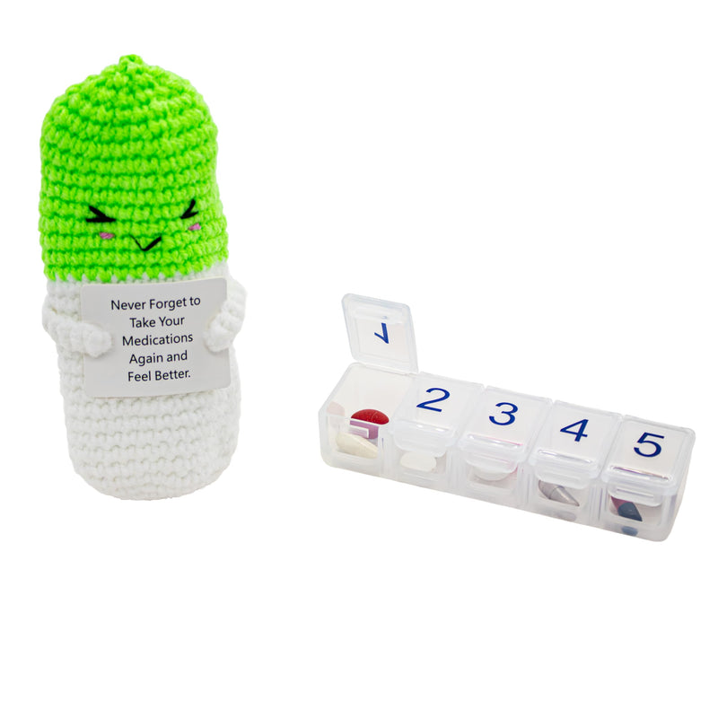 e-Pill 5 Times a Day Pill Organizer with Crochet Holder – Compact Medication Case for Daily Vitamins, Supplements & Prescriptions