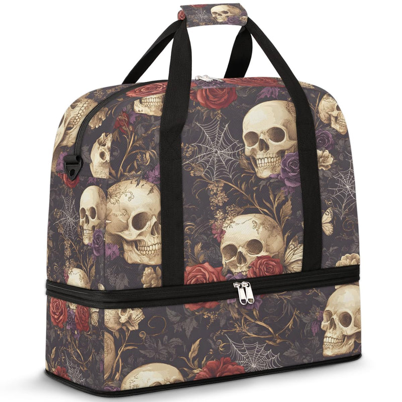 Skull Gothic Rose Flower Travel Duffel Bag Tote Carry On Luggage Sports Gym Bag With Shoe Compartment For Woman Man Overnight Weekend Yoga Workout Training Handbag B-1