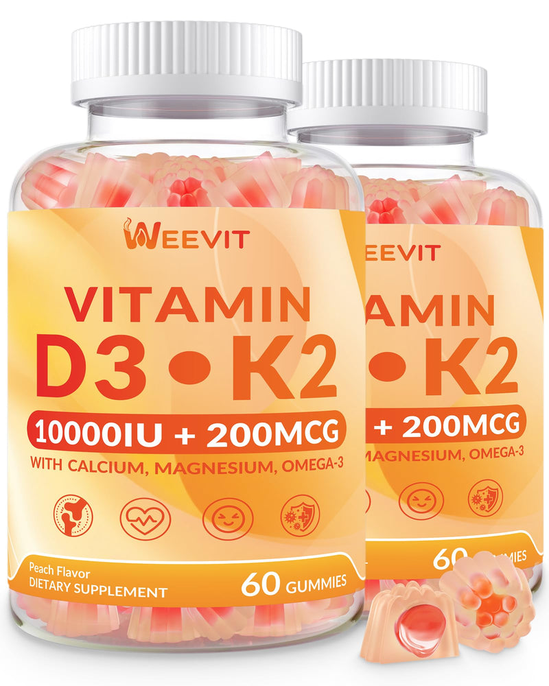 Vitamin D3 K2 Gummies, D3 K2 Vitamin 10000iu w/Omega-3, Magnesium, B12 | Vitamin D Gummies, K2 D3 Supplement for Women & Men, Vegan, Sugar Free 60 Count (Pack of 2)