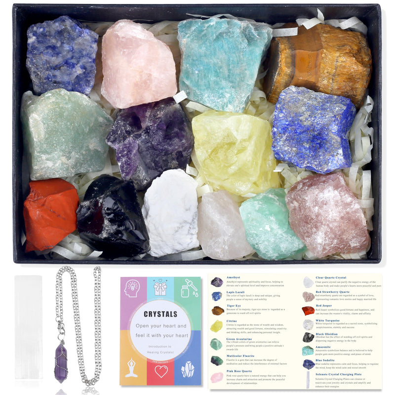 [Australia] - MAIBAOTA 17 Pcs Crystals and Healing Stones 14 Pcs Raw Healing Crystals and Chakra Stones Set Amethyst Rose Quartz Selenite Gemstones Necklace for Meditation Guide for Beginners (with Gift Box) 
